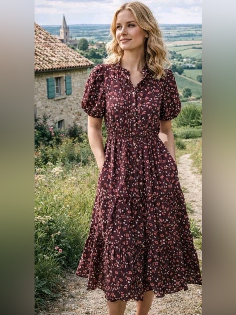 Trovata Birds of Paradis Hildie Dress Burgundy Floral Tiered Midi cotton silk XS